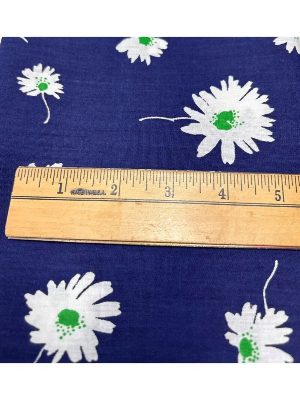 Blue Cotton Fabric White Green Daisy Print 21
